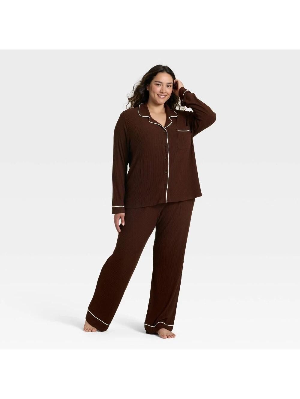 Cozy Ribbed Notch CollarLong SleeveShirt and Pants Pajama Set - Auden™ Brown 1X